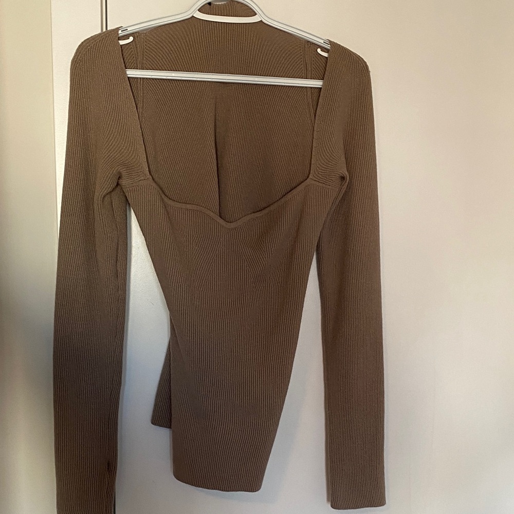 SHEIN Brown Ribbed Long Sleeve Scoop Neck Top